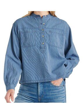 Lucky Brand Women's Edie Striped Pullover Relaxed Fit Blouse Shirt, Blue, Large